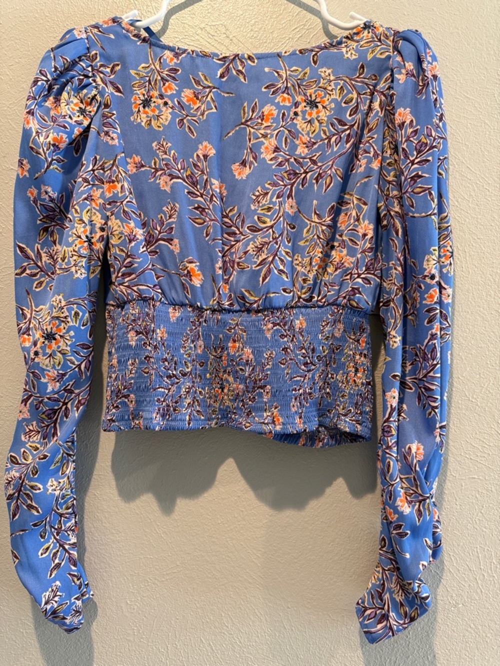 Free People Blue Floral Smocked Crop Blouse - Picture 3 of 5